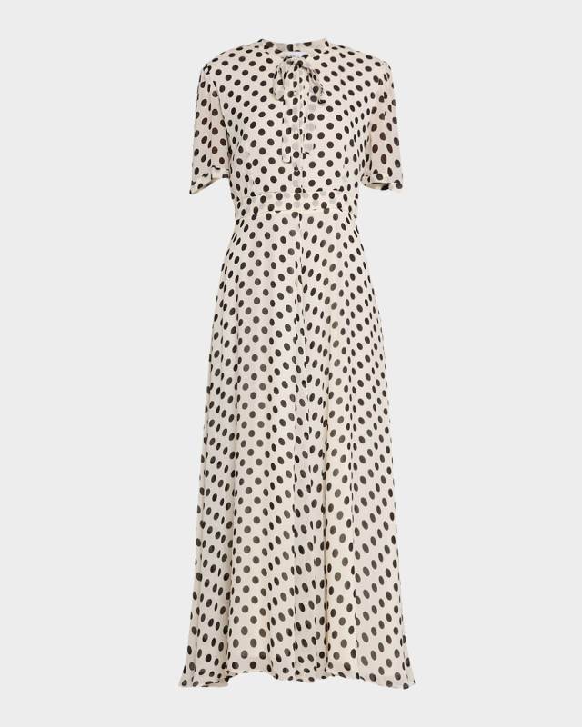 Lorenza Tie-Neck Polka Dot Maxi Shirtdress